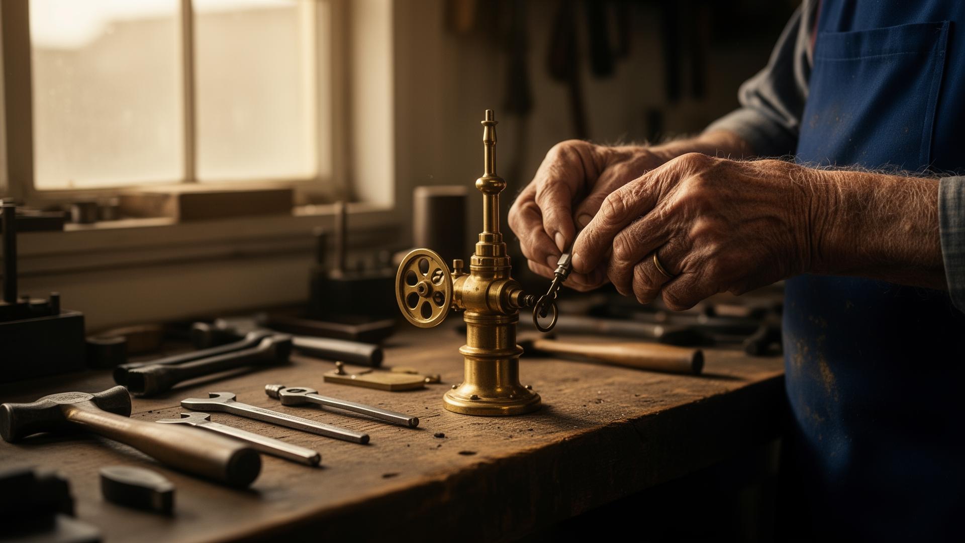 An older craftsperson's hands at work — warm afternoon light on a wooden bench